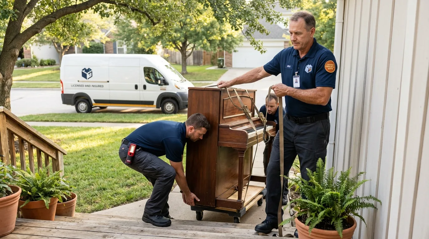 Licensed piano movers securing grand piano in Raynham, MA