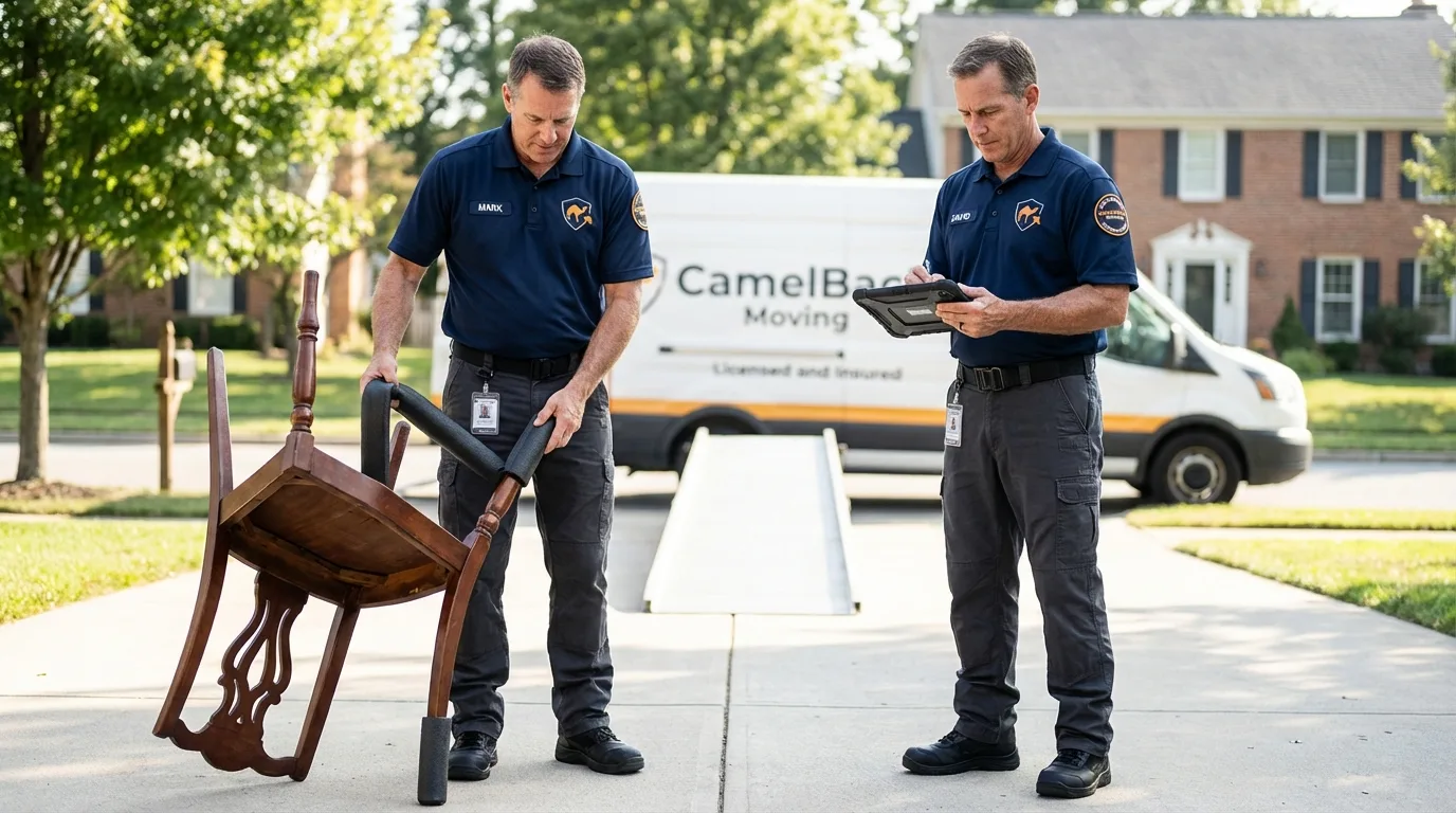 Movers inspecting furniture for damage prevention before loading in Raynham, MA