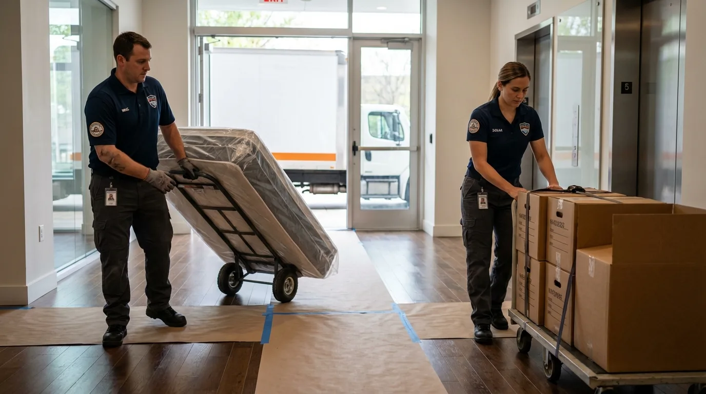 Professional apartment movers loading elevator in Raynham, MA