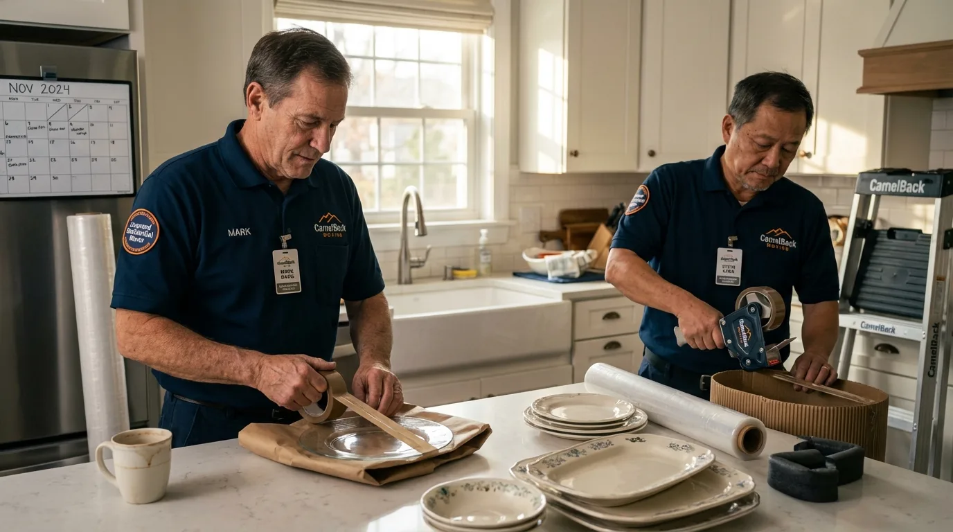 Professional crew packing kitchen dishware in Raynham, MA